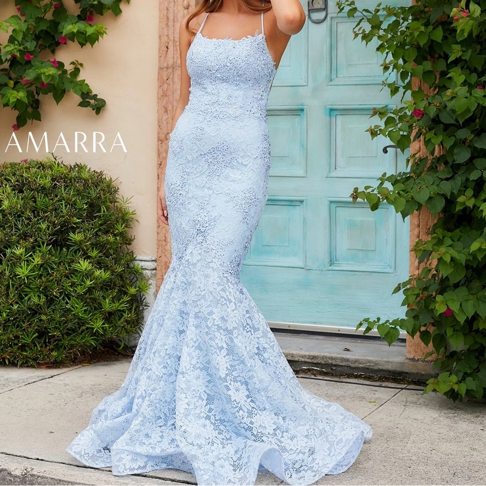 Amarra 20255 light blue size 2 lace mermaid dress with tie up back